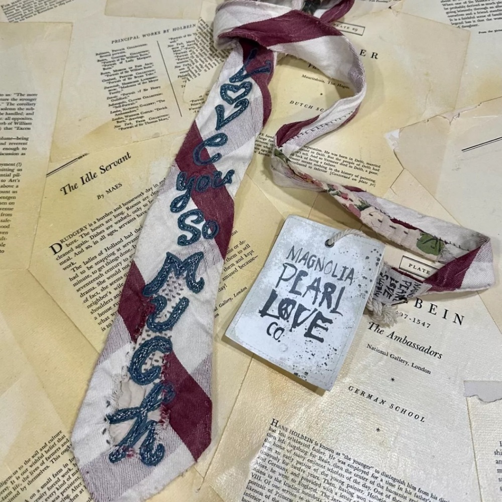 Magnolia Pearl Monty Tie Jabot "Love You So Much" Embroidered Red Tan Stripe - Picture 6 of 6